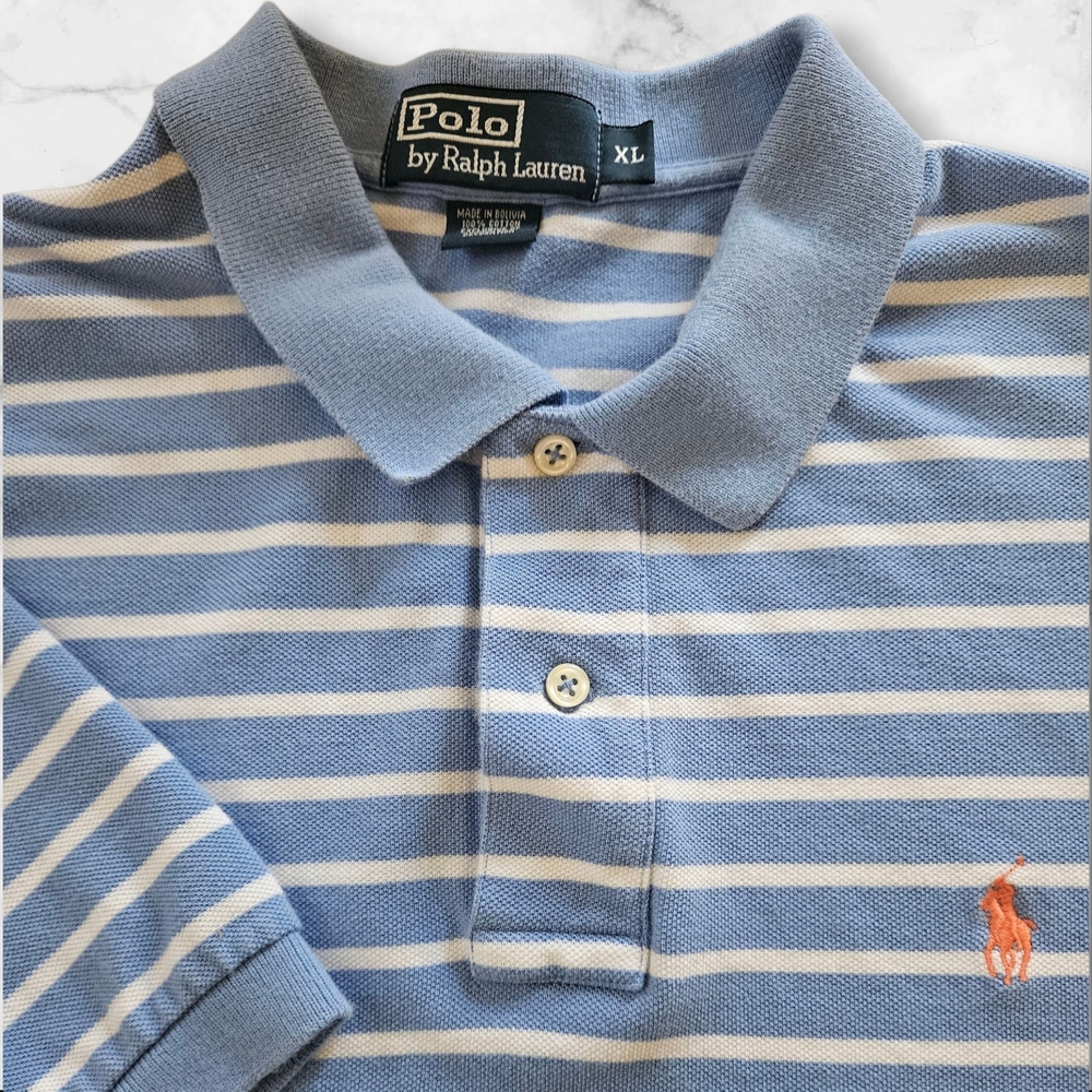 Polo Ralph Lauren Men’s XL Blue White Striped Polo Shirt Pony Logo 100% Cotton